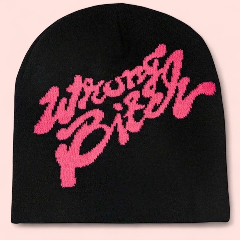 Black Beanie with Pink Script Design